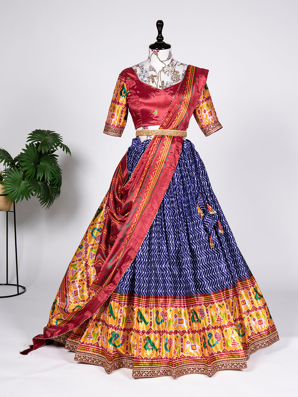 Navy Blue Color Gujarati Patola Print and Sequins Embroidery Chinon Lehenga Choli