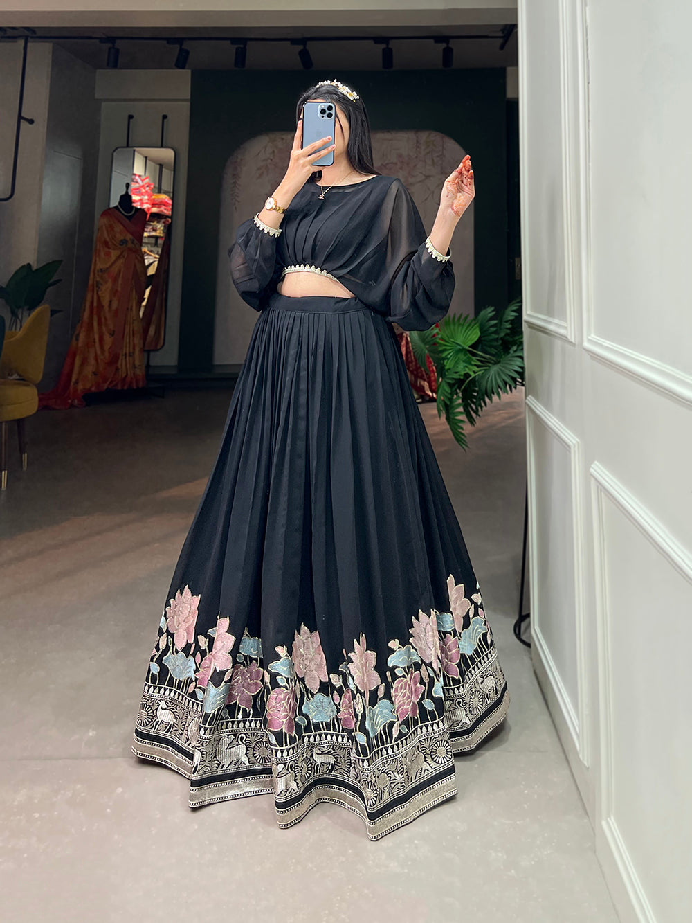 Black Color Sequins And Thread Embroidery Work Georgette Lehenga Choli