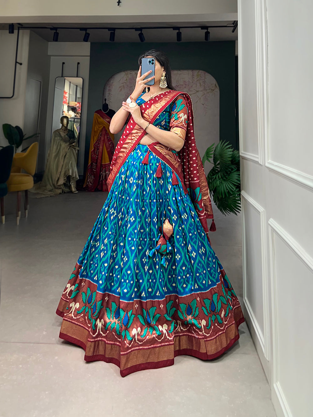 Firozi Color Printed With Foil Print Tussar Silk Traditional Lehenga Choli