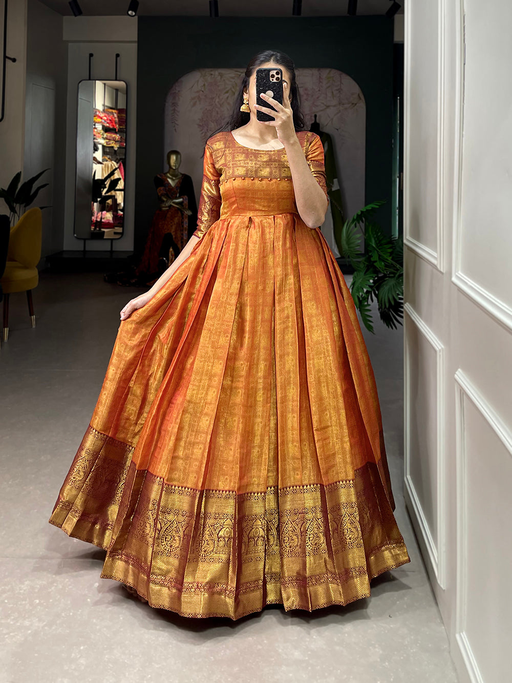 Orange Color Zari Weaving Work Kanjivaram Dress