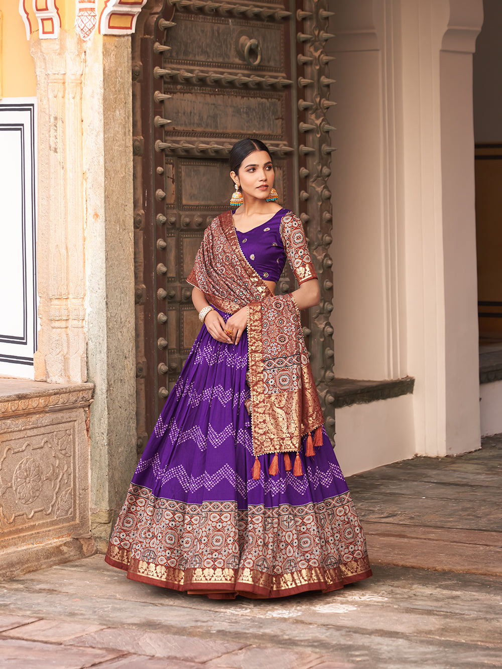 Purple Color Dot And Ajrakh With Foil Work Tussar Silk Lehenga Choli