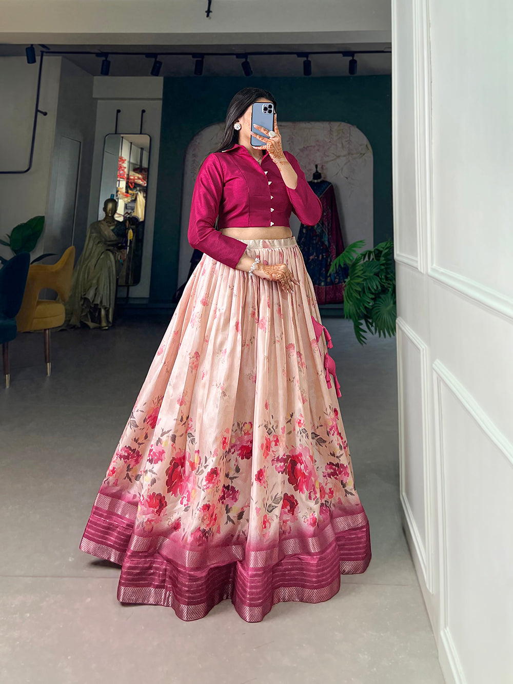 Rani Pink Color Floral Print With Sequins And Zari Border Dola Silk Co-ord Set Lehenga Choli