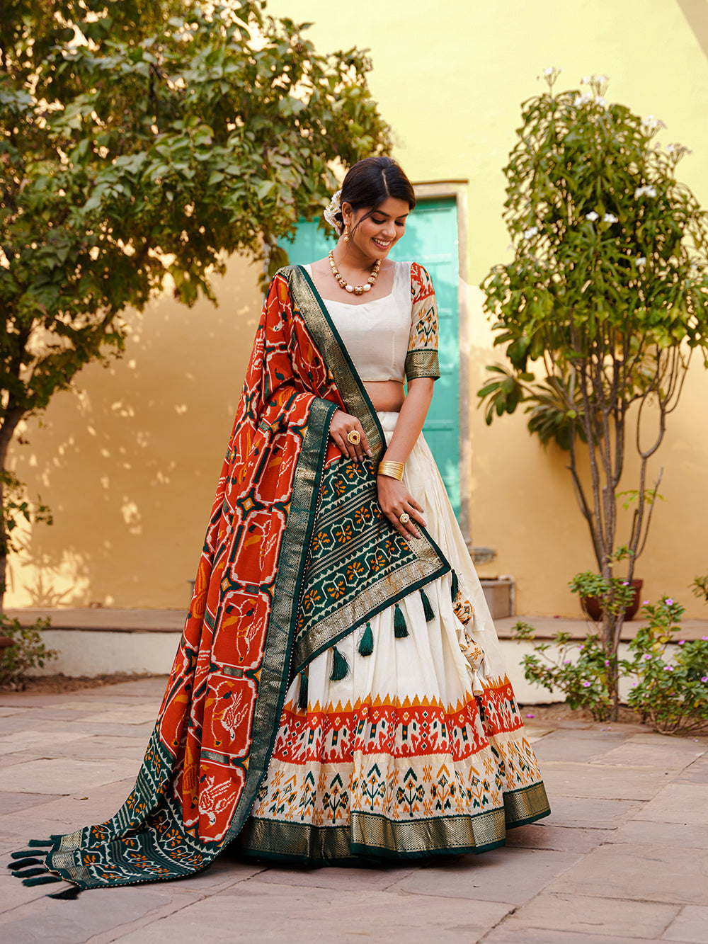 Orange Color Patola Print With Foil Print Tussar Silk Lehenga Choli