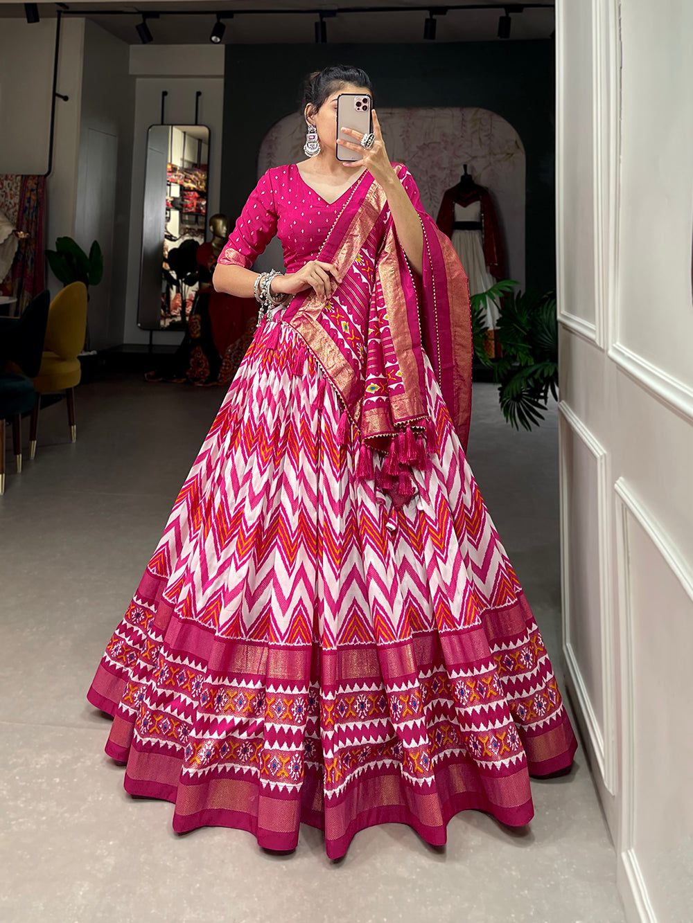 Pink Color Leheriya With Foil Work Tussar Silk Lehenga Choli