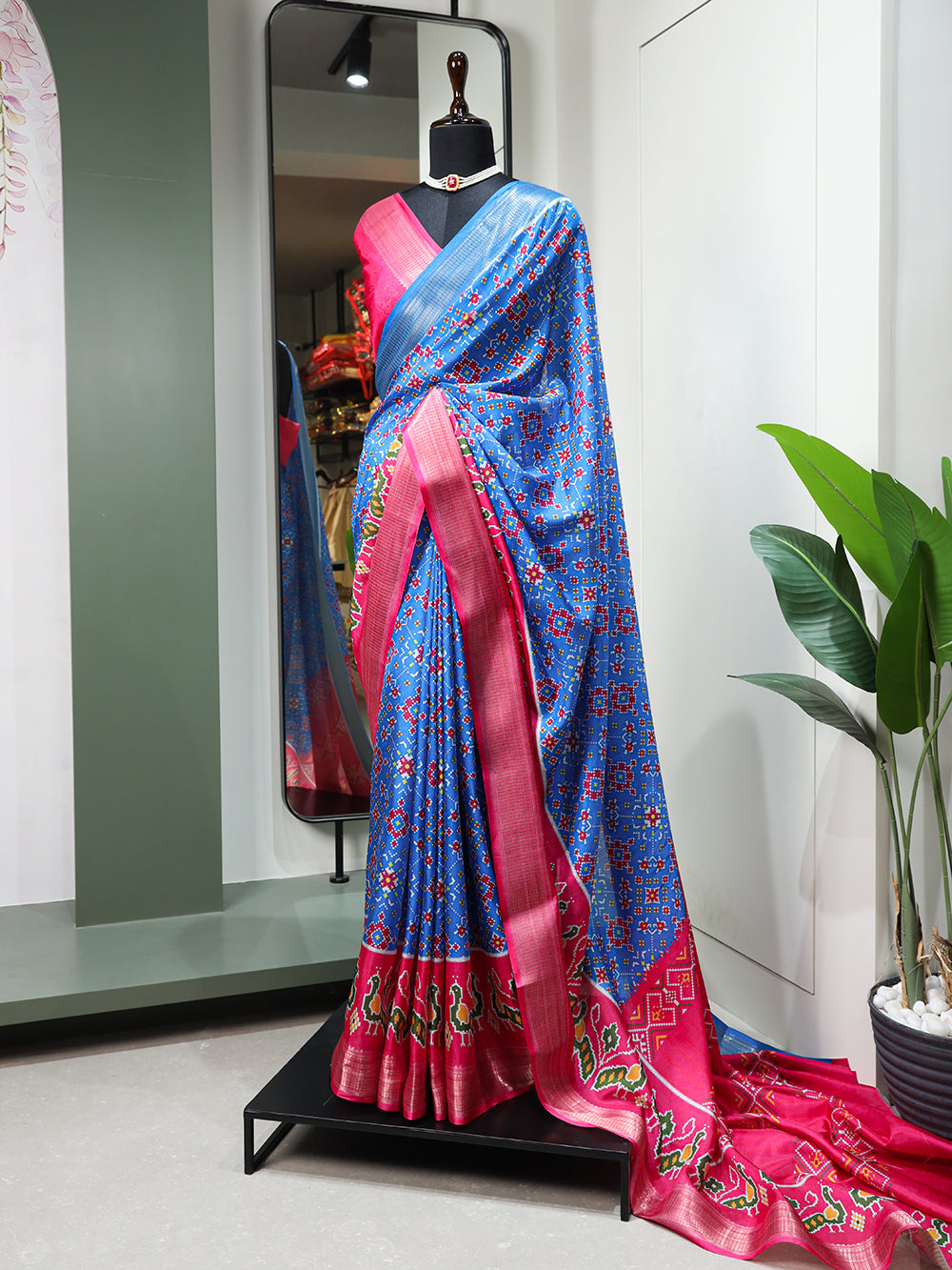 Sky Blue Color Digital Patola Printed Dola Silk Saree