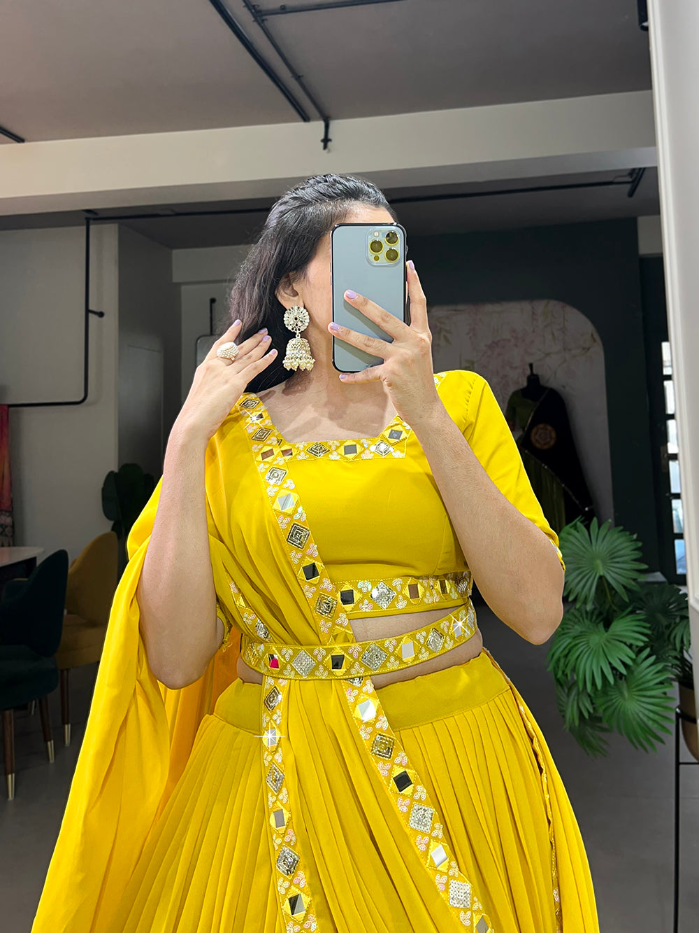 Yellow Color Sequins And Embroidery With Original Mirror Work Georgette Haldi Rasam Lehenga Choli