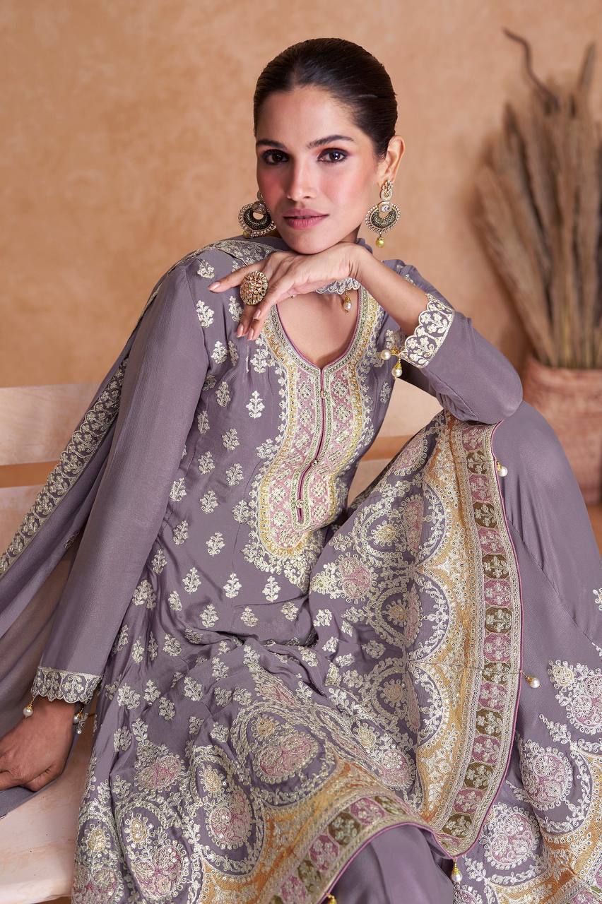 Light Purple Embroidered Chinon Chiffon Pakistani Suit