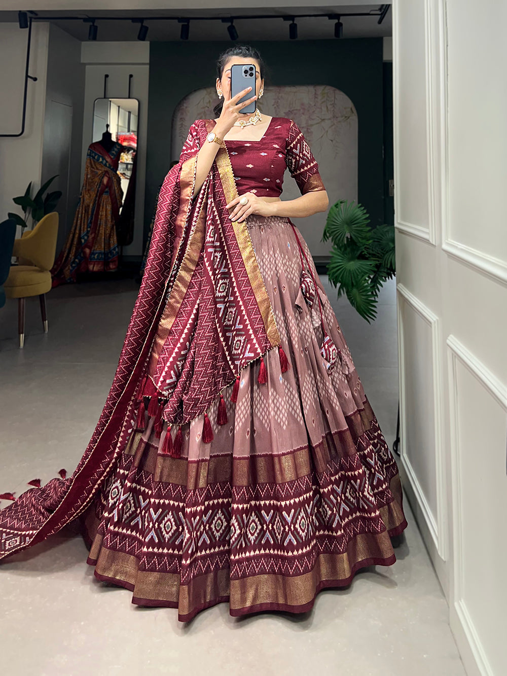 Maroon Color Dot And Ikkat Print With Foil Work Tussar Silk Lehenga Choli