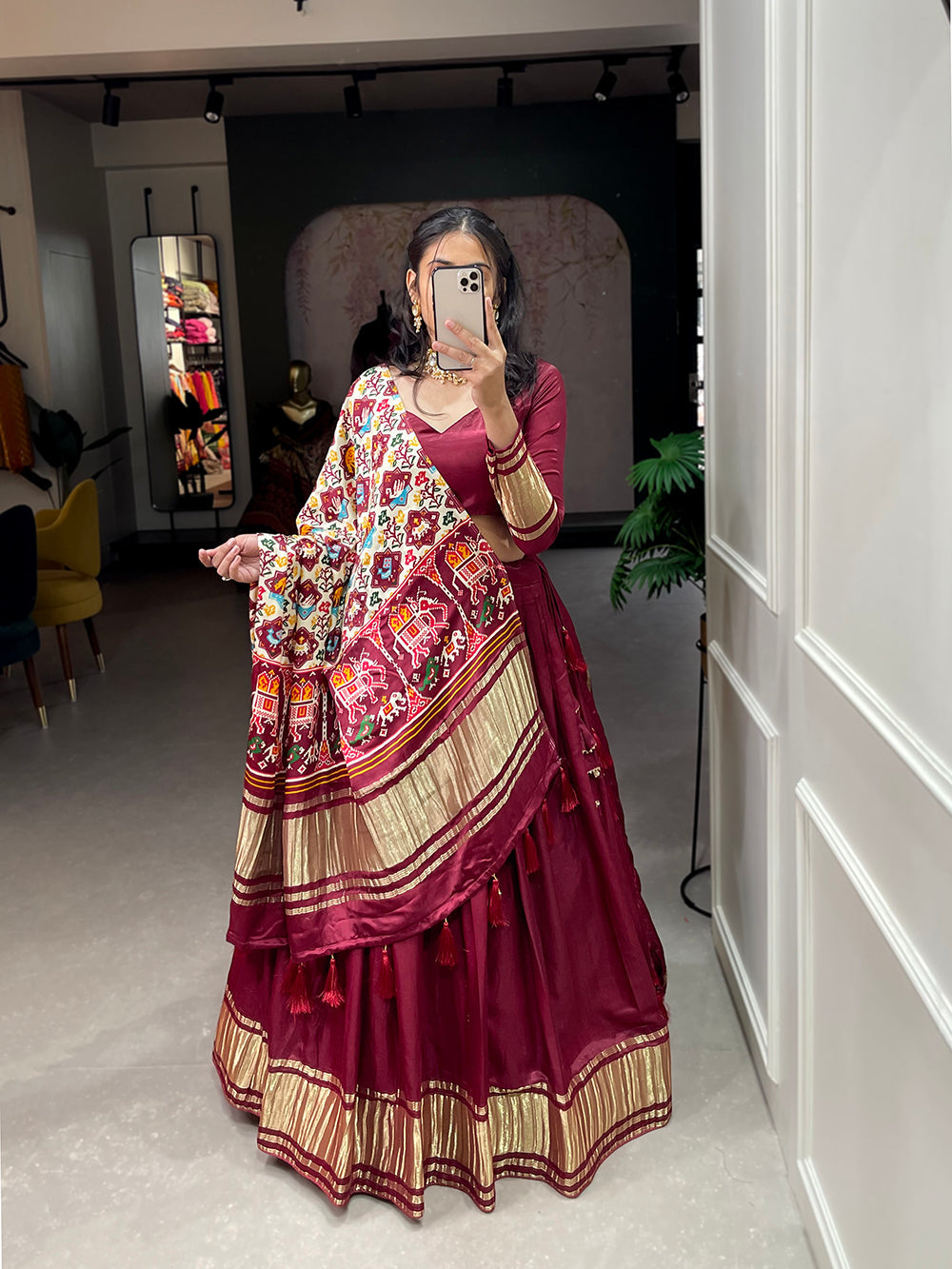 Maroon Color Dyeing With Lagdi Patta Gaji Silk Lehenga Choli