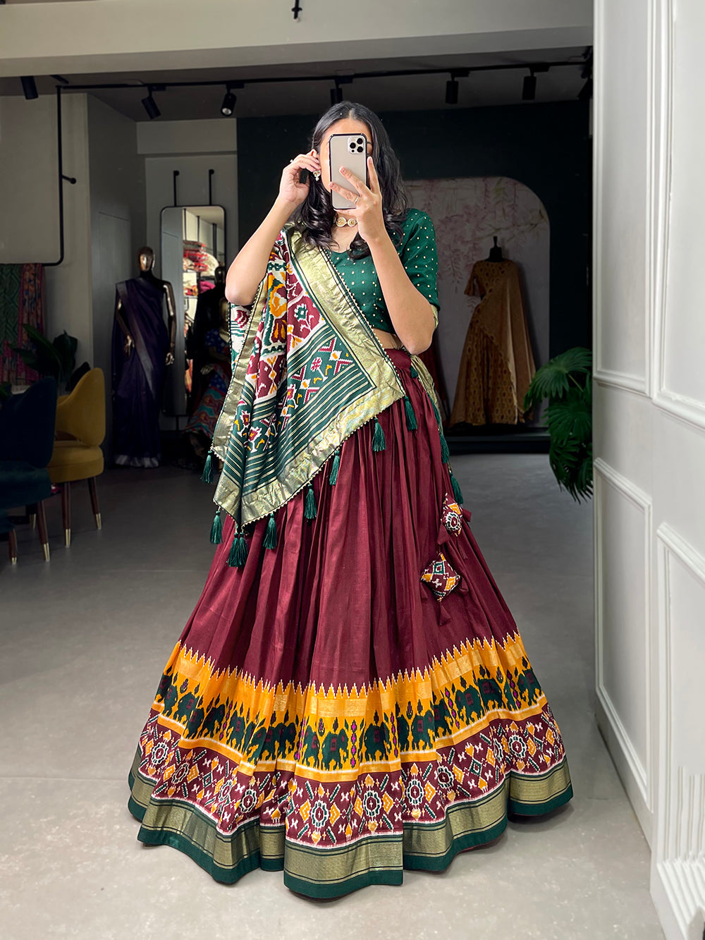 Maroon Color Gujrati Patola Print With Foil Work Tussar Silk Lehenga Choli