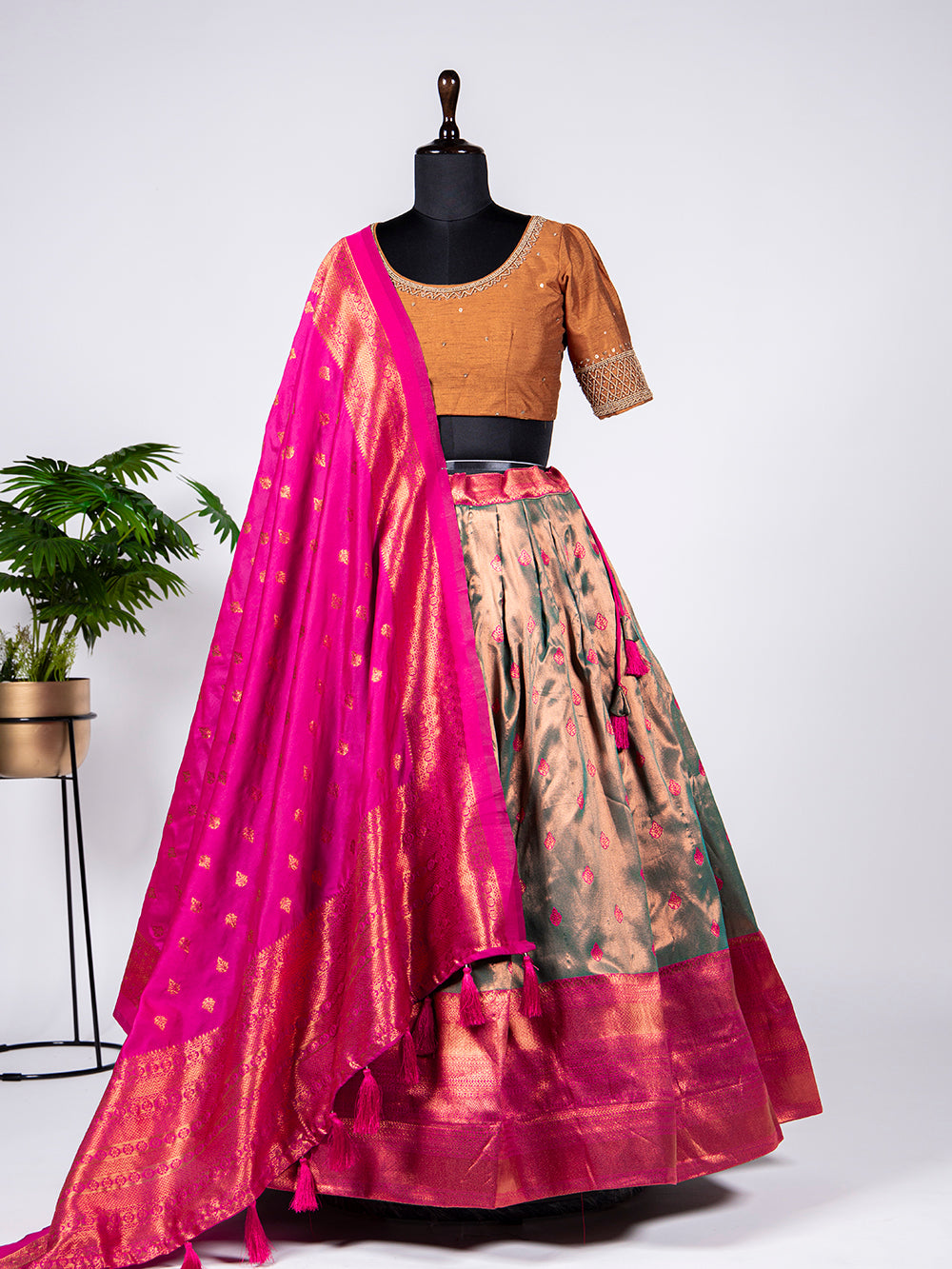 Mehendi  Color Zari Weaving Work Jacquard Lehenga Choli