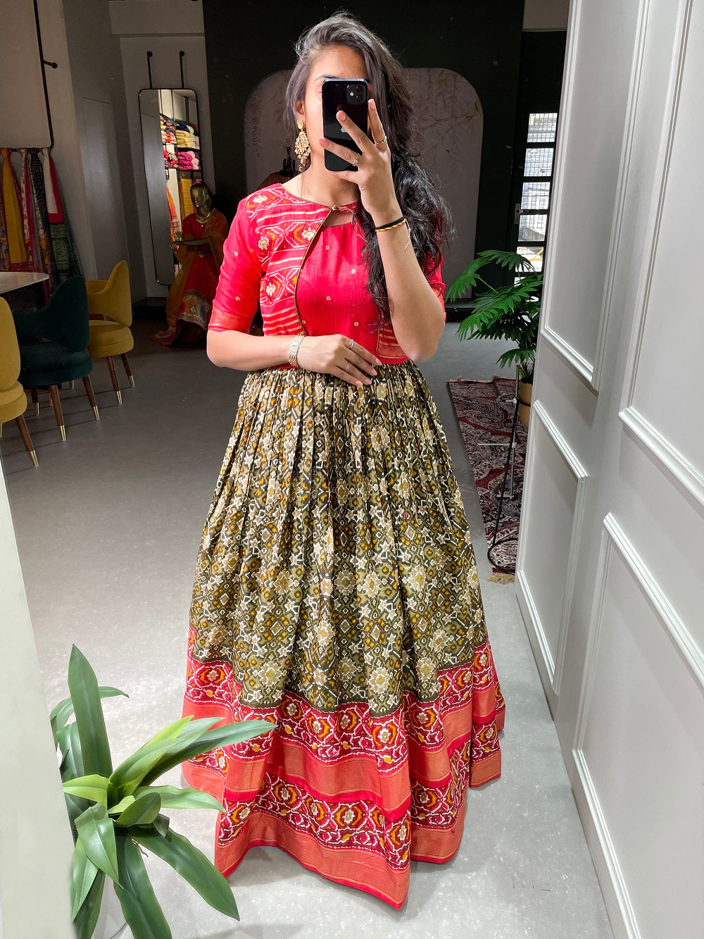 Mehndi Color Patola Printed And Foil Printed Dola Silk Dress