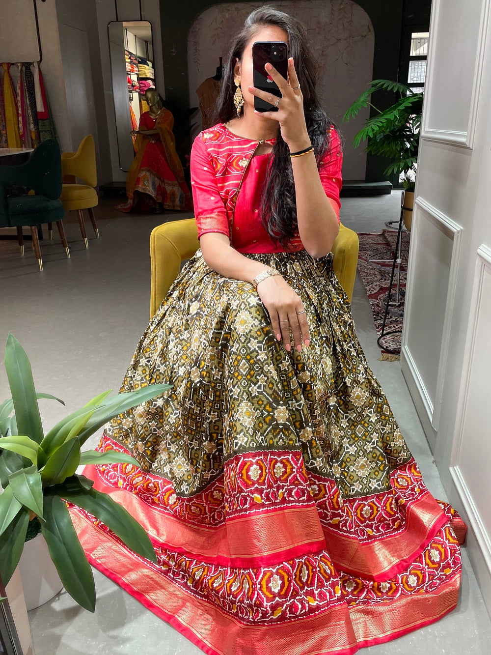 Mehndi Color Patola Printed And Foil Printed Dola Silk Dress