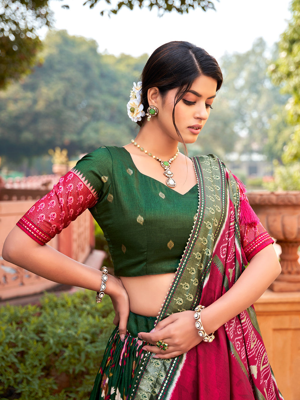 Green Color Minakari With Foil Print Tussar Silk Lehenga Choli