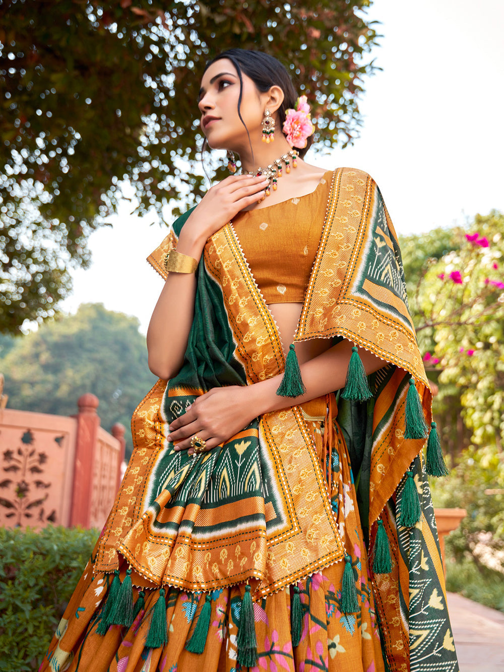 Mustard Color Minakari With Foil Print Tussar Silk Lehenga Choli