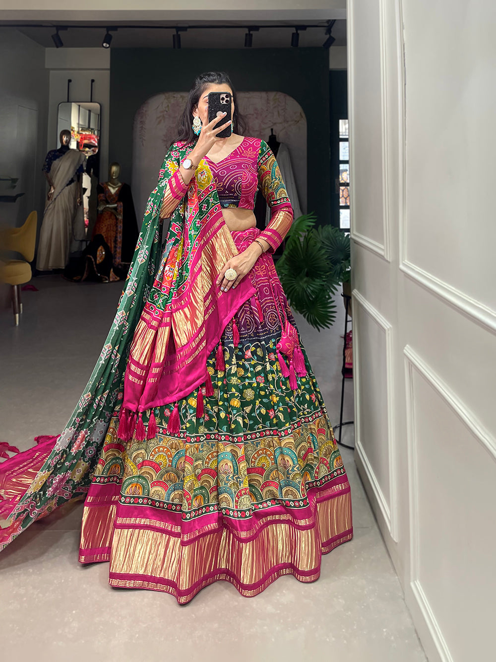 Multi Color Digital Printed With Lagadi Patta Gaji Silk Lehenga Choli