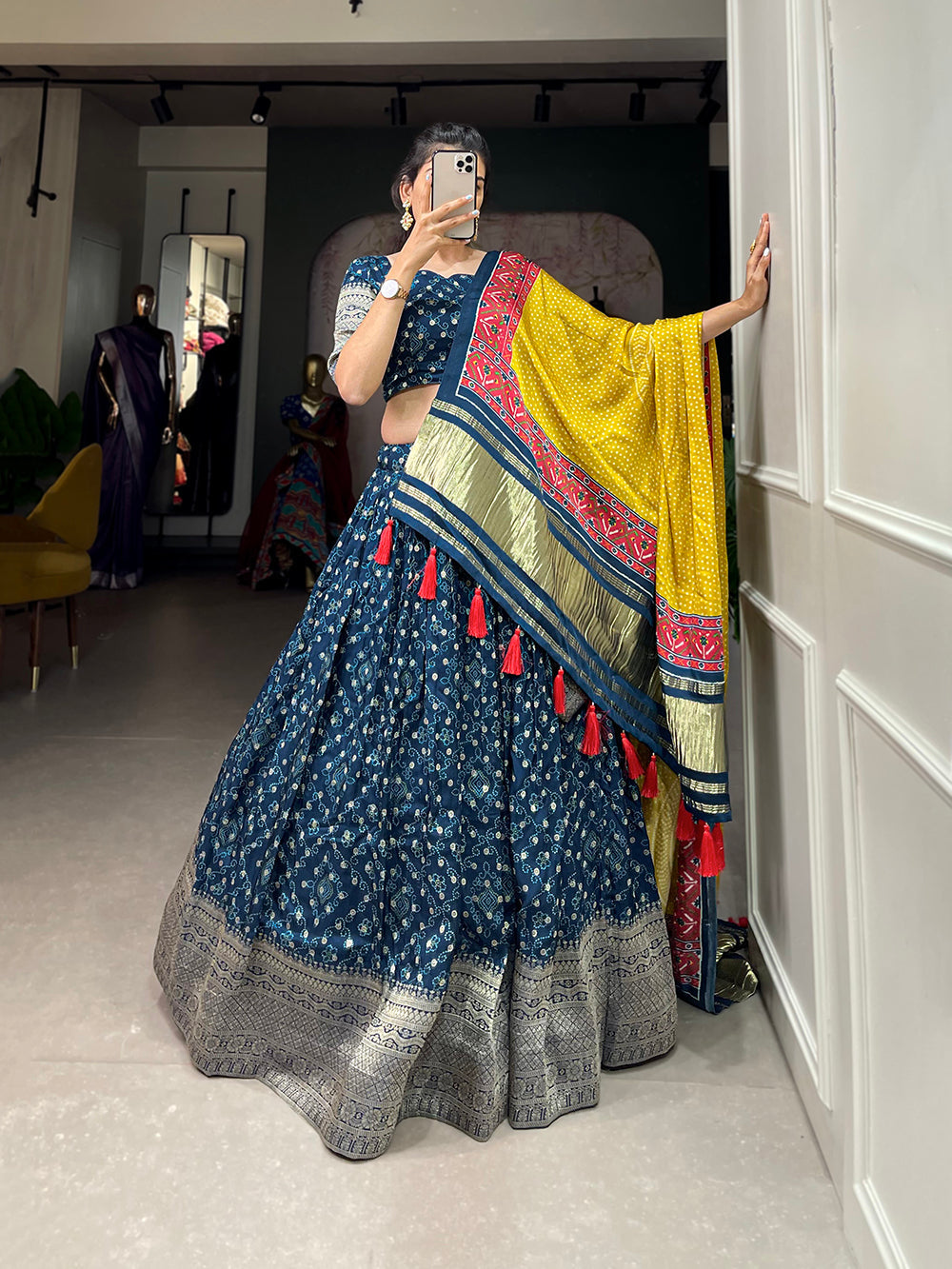 Navy Blue Color Printed With Zari Weaving Work Viscose Dola Silk Lehenga Choli