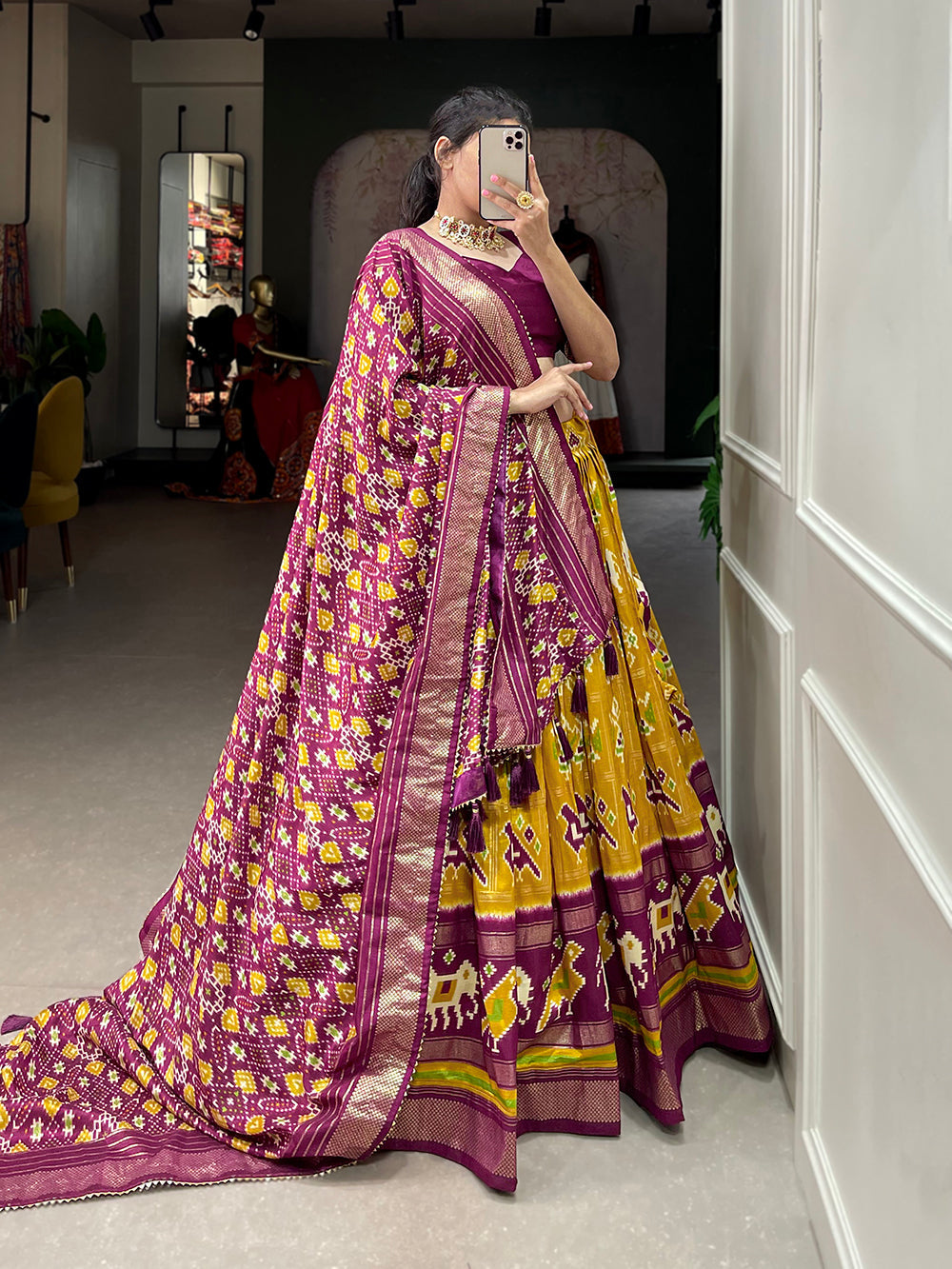 Mustard Color Patola Printed With Foil Work Tussar Silk Lehenga Choli