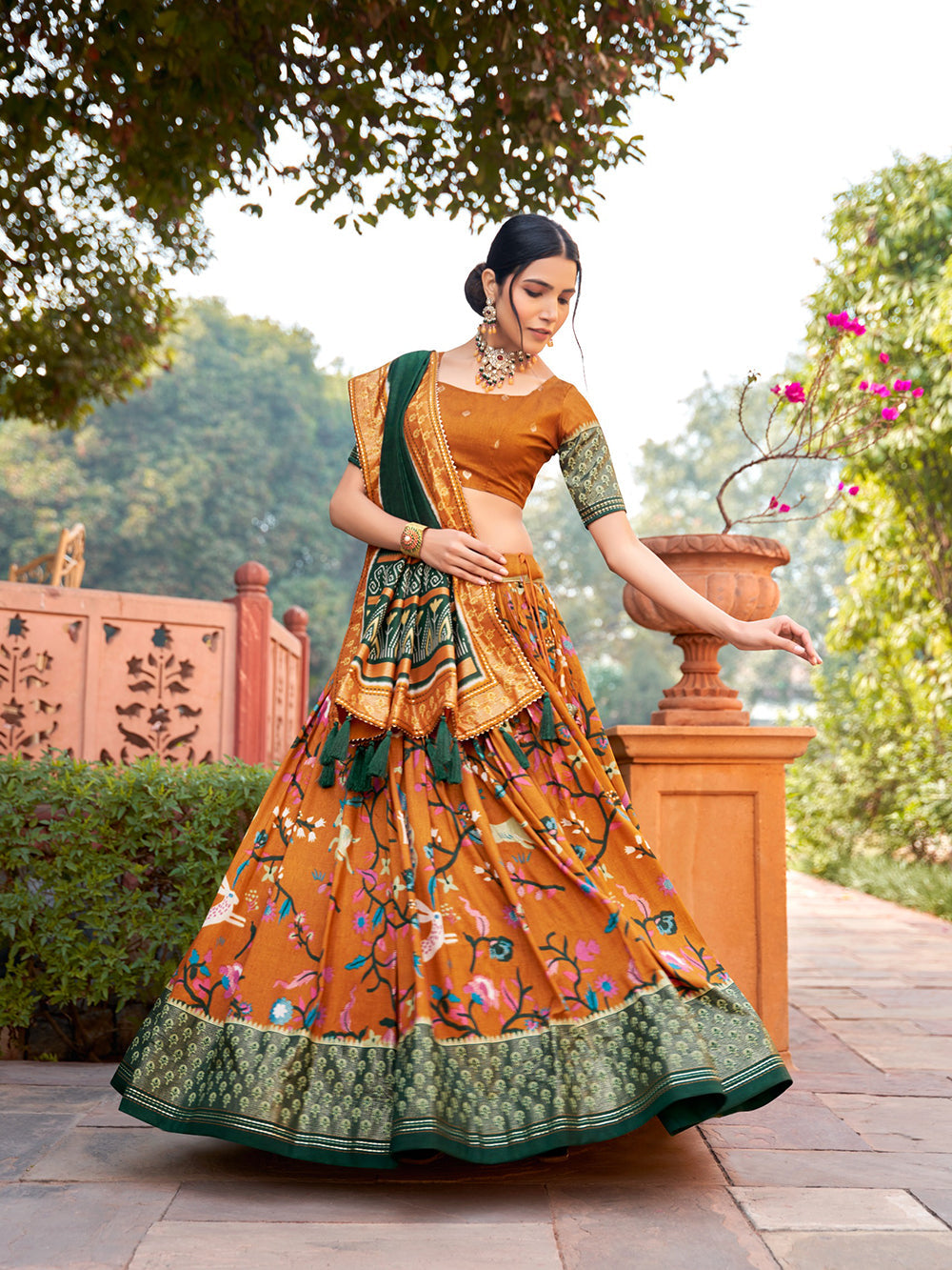 Mustard Color Minakari With Foil Print Tussar Silk Lehenga Choli