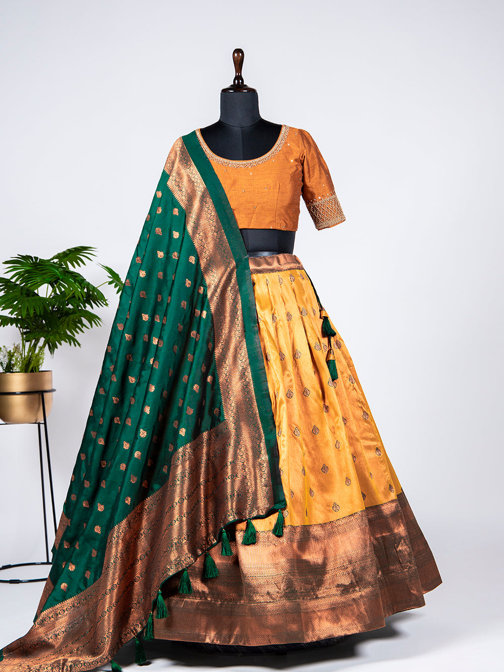 Mustard Color Zari Weaving Work Jacquard Lehenga Choli