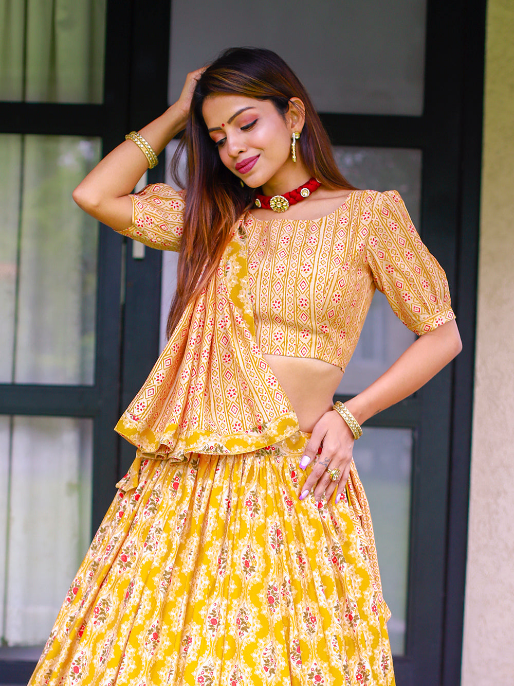 Mustard Color Foil Printed Chanderi Cotton Lehenga Choli