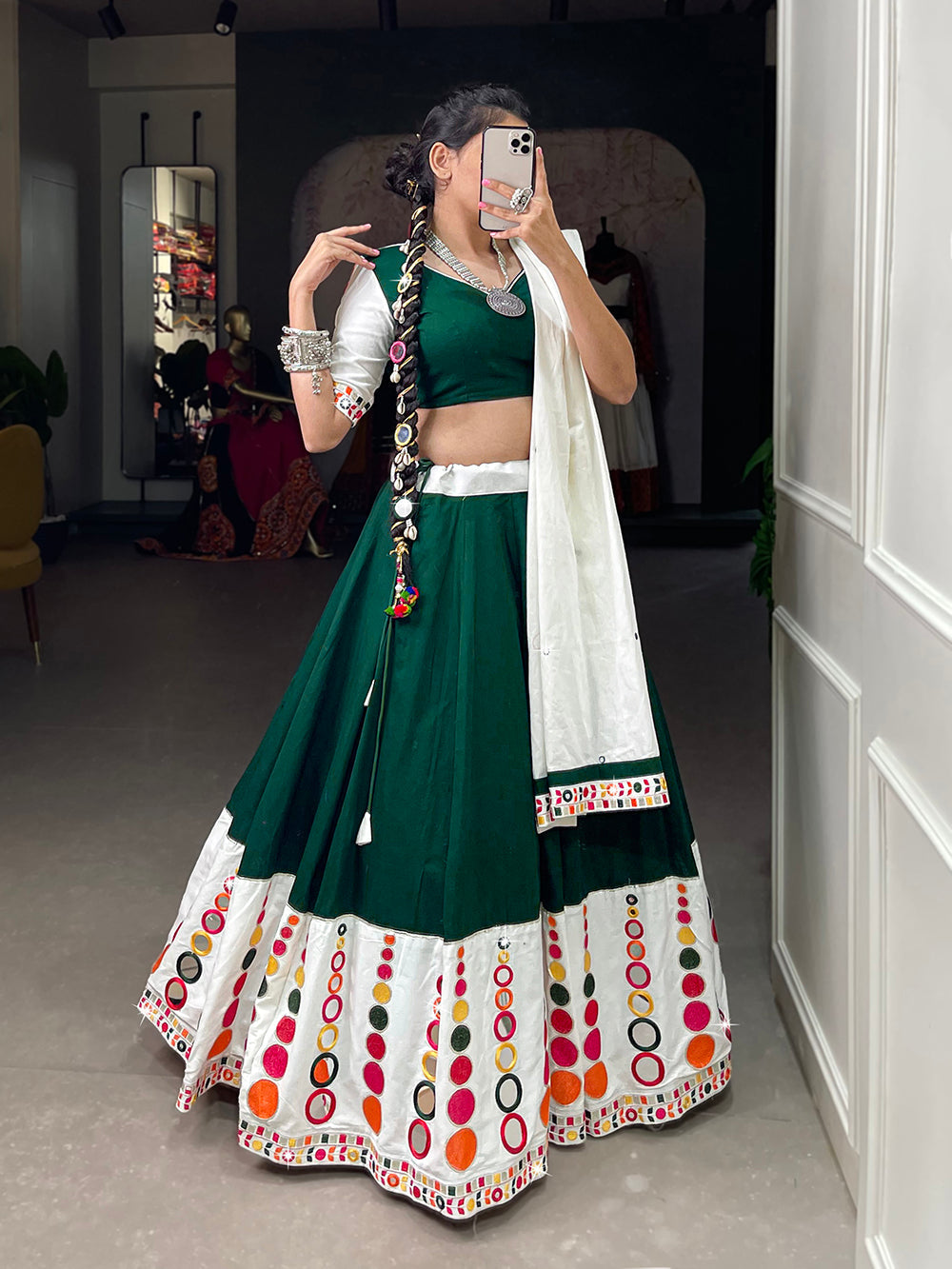 Green Color Embroidery Work With Original Mirror Work Cotton Lehenga Choli