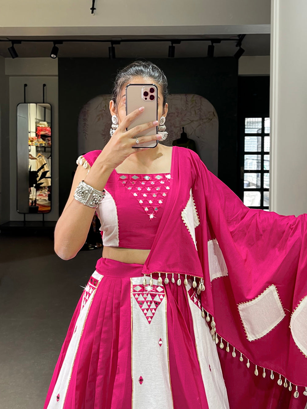 Pink Color Mirror Work With Gota Patti Cotton Chaniya Choli