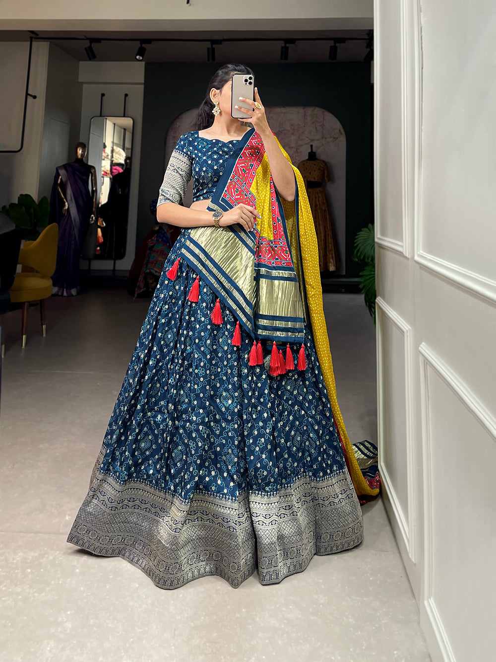 Navy Blue Color Printed With Zari Weaving Work Viscose Dola Silk Lehenga Choli