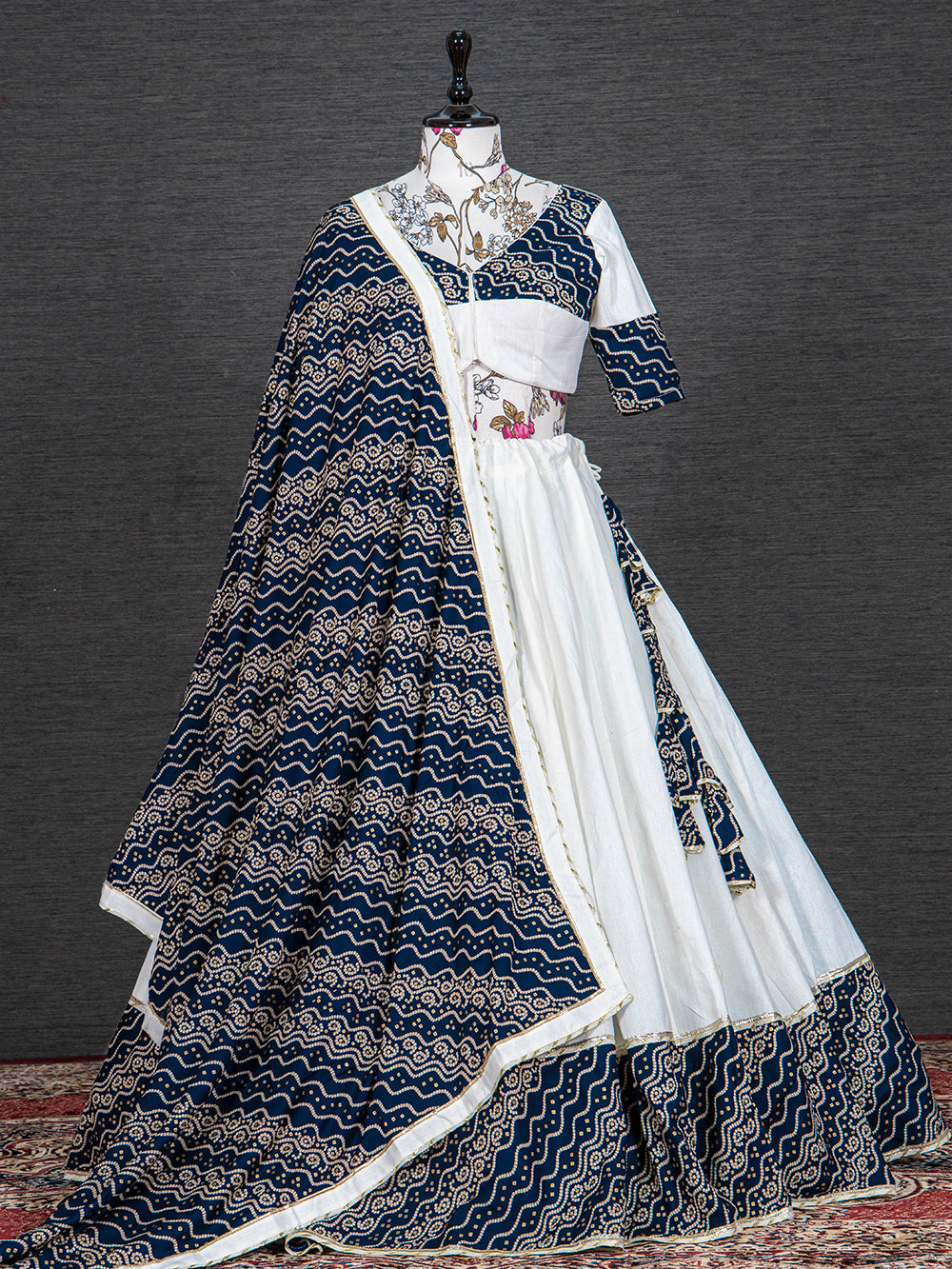 Navy Blue Color Foil And Printed Work Cotton Lehenga Choli