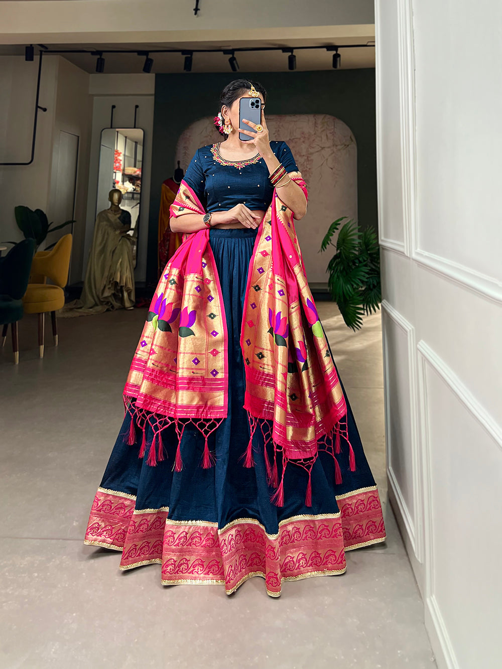 Navy Blue Color Plain With Paithani Lace Border Vichitra Silk South Indian Lehenga Choli