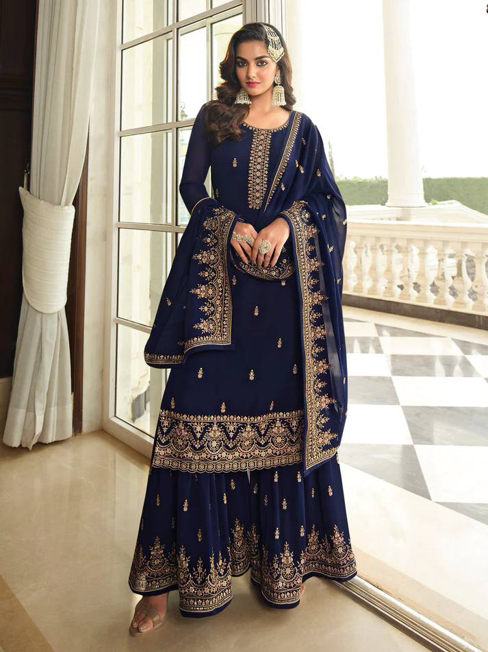 Navy Blue Eid Wear Designer Shalwar Kameez Palazzo Suits Heavy Embroidery Worked Pakistani Indian Wedding Wear Beautiful Salwar Kameez Dupatta Dresses