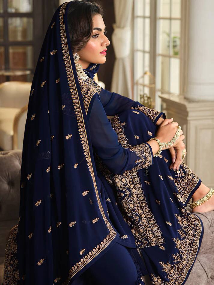 Navy Blue Eid Wear Designer Shalwar Kameez Palazzo Suits Heavy Embroidery Worked Pakistani Indian Wedding Wear Beautiful Salwar Kameez Dupatta Dresses