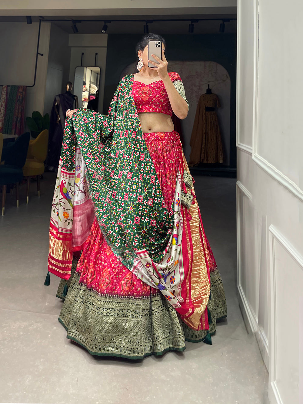 Red Color Printed With Zari Weaving Work Viscose Dola Silk Lehenga Choli