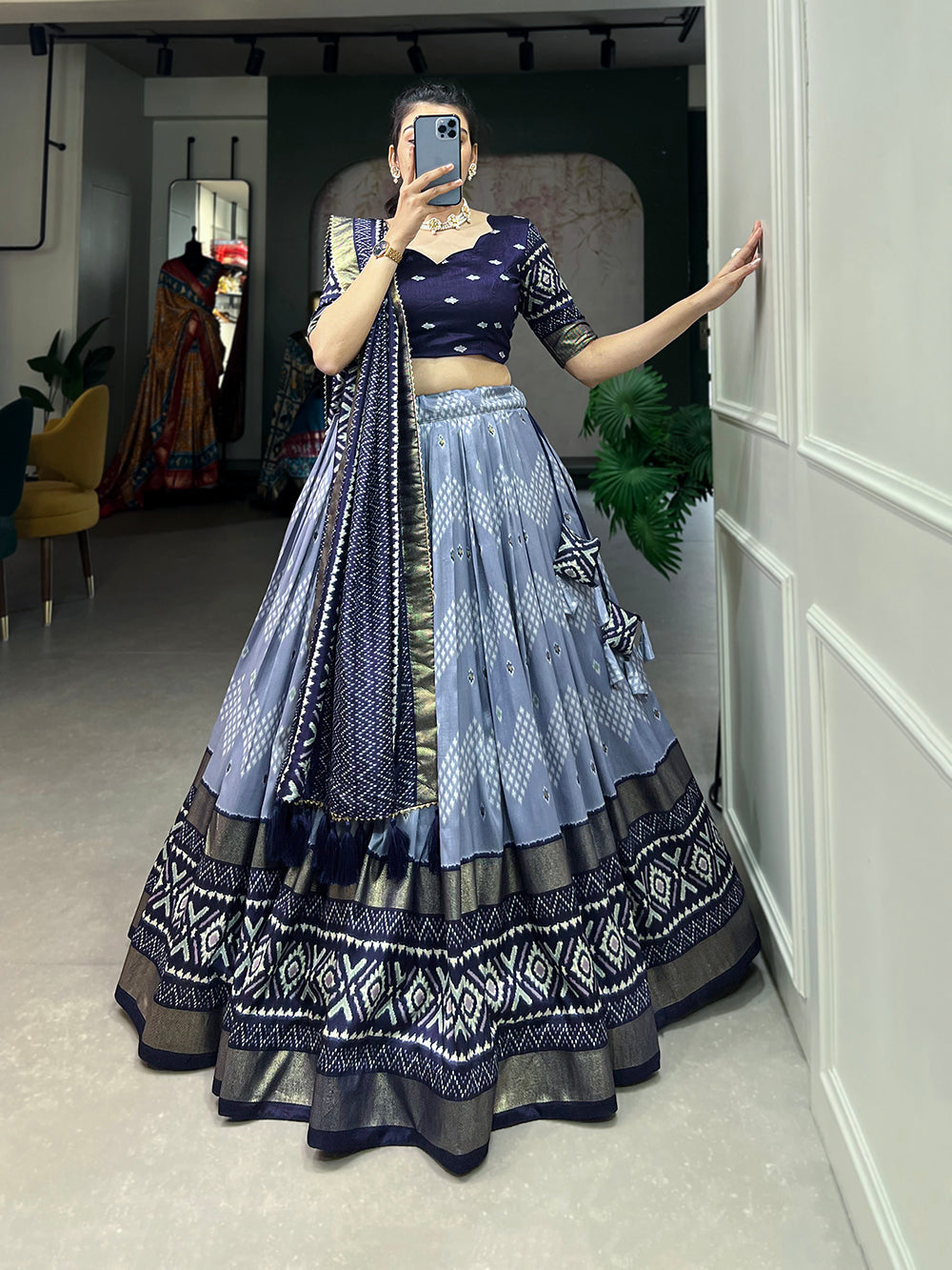 Navy Blue Color Dot And Ikkat Print With Foil Work Tussar Silk Lehenga Choli