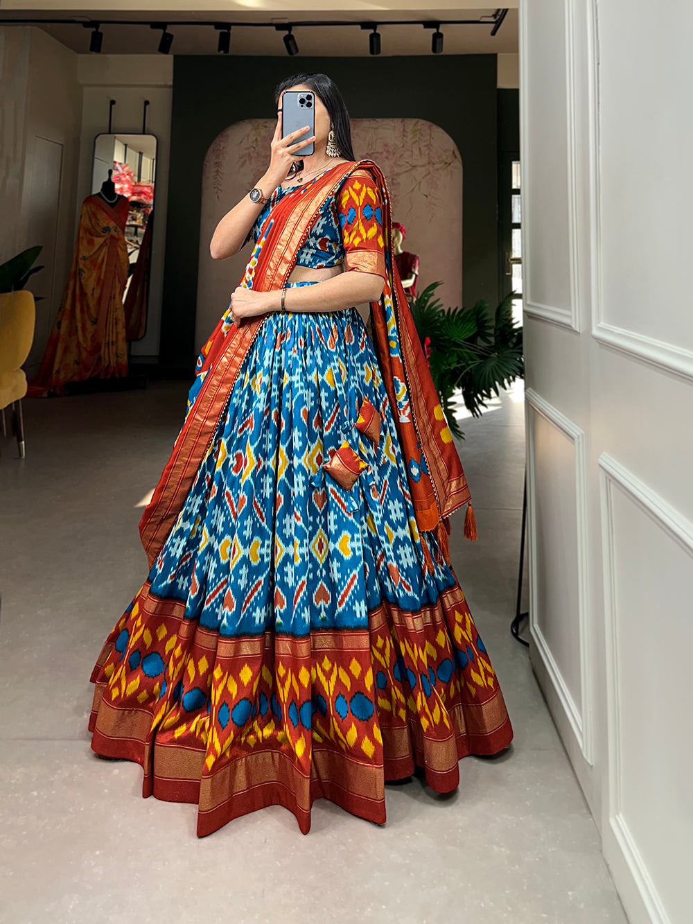 Firozi Color Patola Print With Foil Work Tussar Silk Lehnga Choli