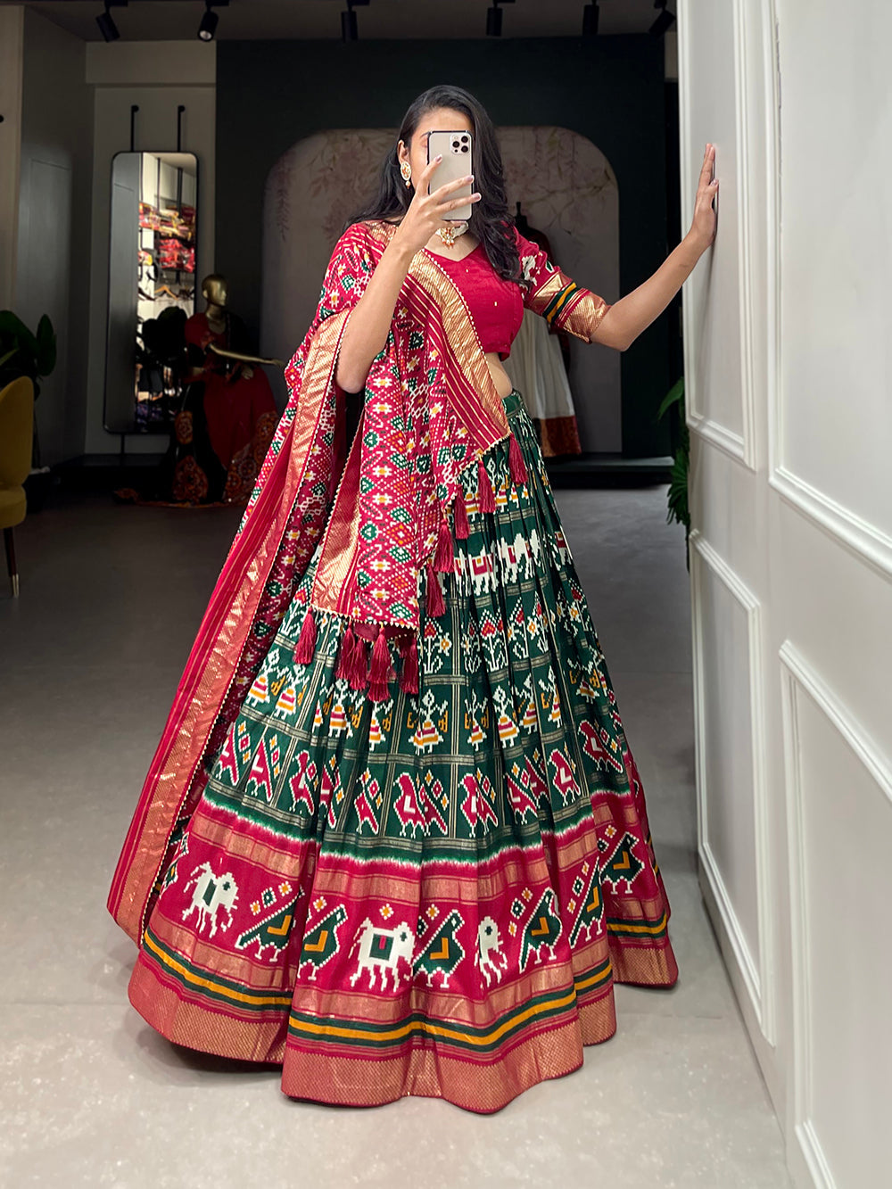 Green Color Patola Printed With Foil Work Tussar Silk Lehenga Choli