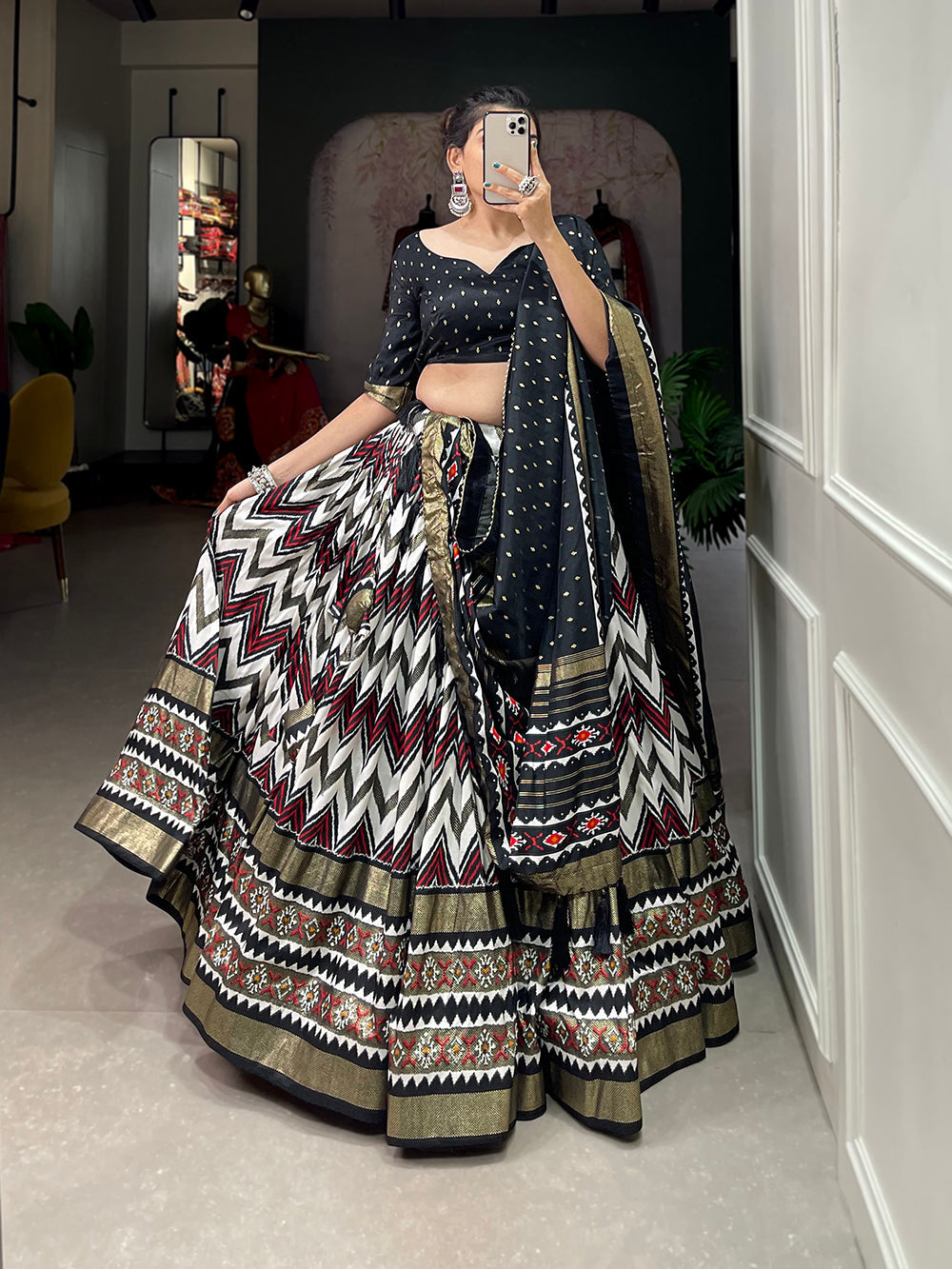 Black Color Leheriya With Foil Work Tussar Silk Lehenga Choli