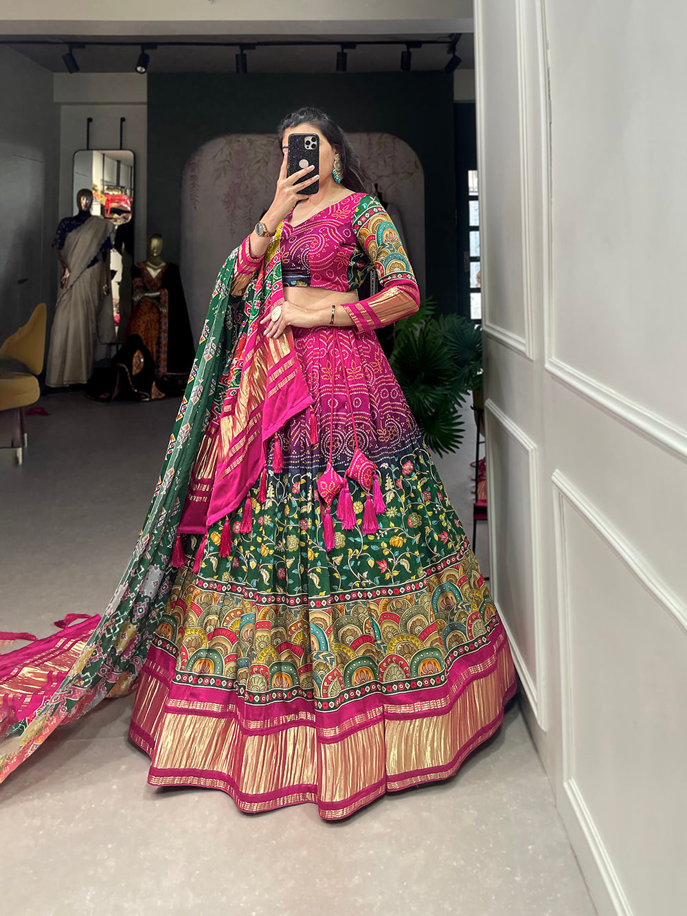 Multi Color Digital Printed With Lagadi Patta Gaji Silk Lehenga Choli