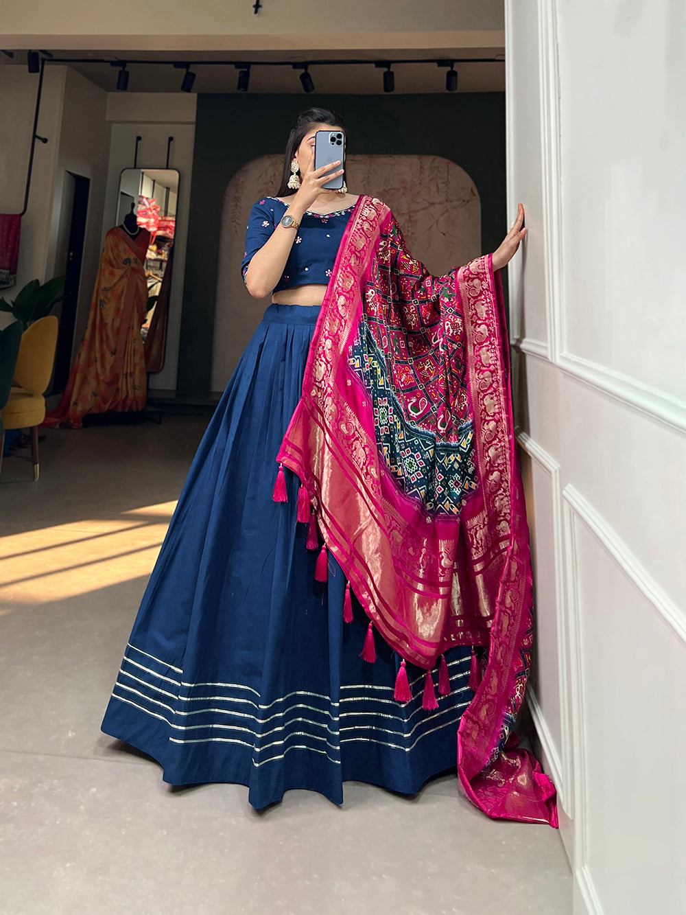 Navy Blue Color Plain With Gota Patti Touch Up Cotton Lehenga Choli