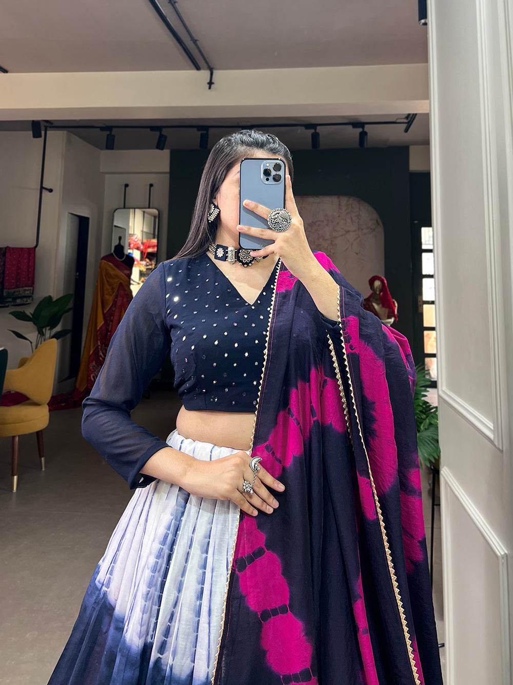 Navy Blue Color Shibori Print With Zari Weaving Work Chanderi Lehenga Choli