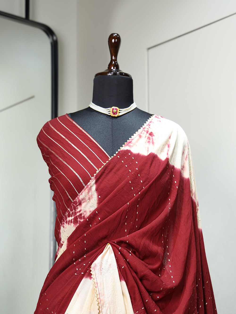 Maroon Color Sequins With Zari Line And Gota Patti Lace Border Viscose Chanderi Saree