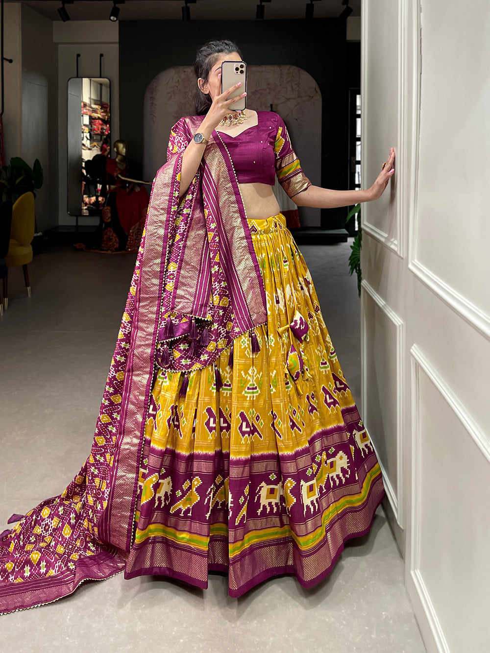 Mustard Color Patola Printed With Foil Work Tussar Silk Lehenga Choli