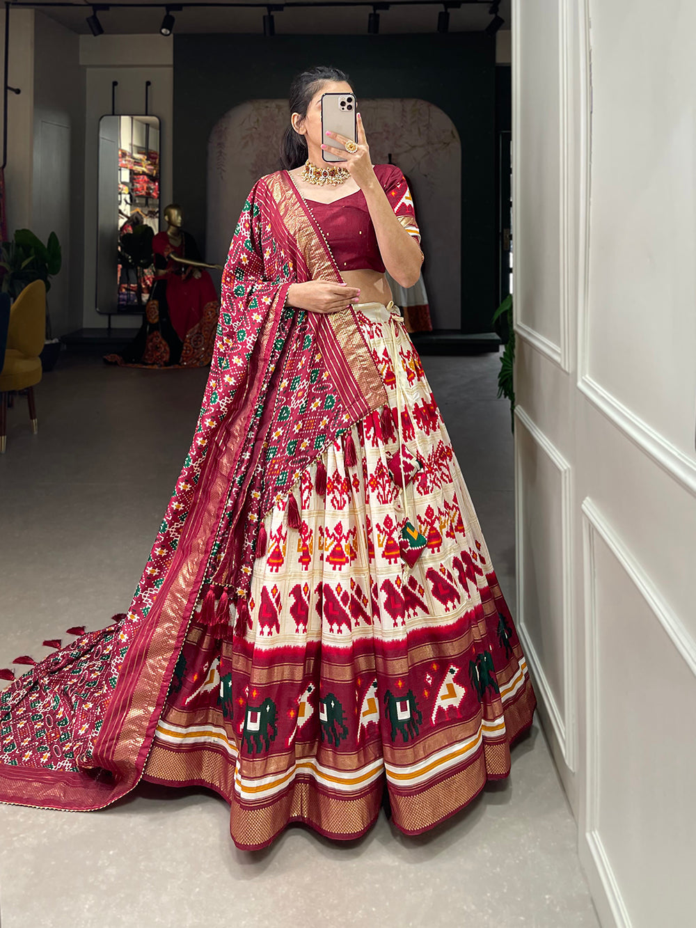 Off White Color Patola Printed With Foil Work Tussar Silk Lehenga Choli