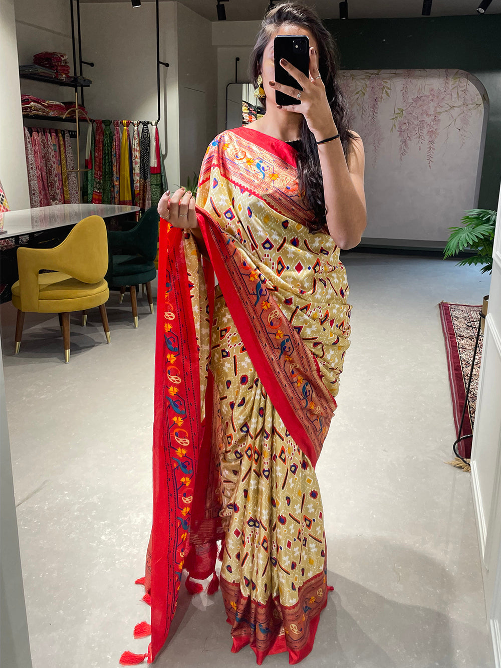 Off White Color  Patola Paithani Printed with Foil Work Dola Silk Saree