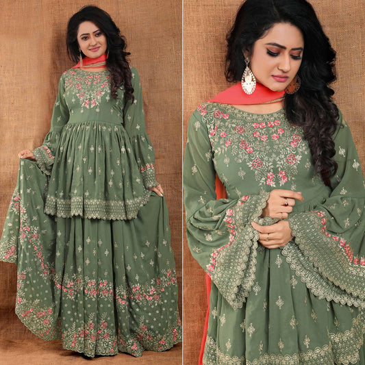 ऑलिव ग्रीन पार्टीवियर थ्रेड फ्लोरल एम्ब्रॉयडरी जॉर्जेट शरारा सूट