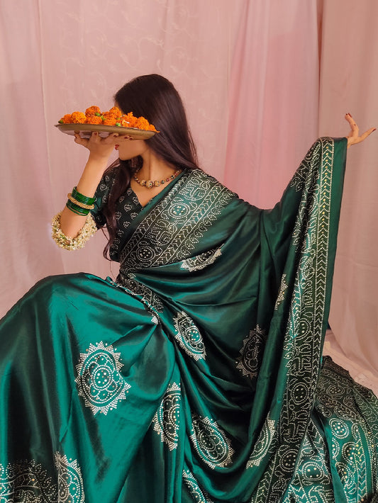 Green Color Printed And Foil Work Semi Gaji Satin Saree