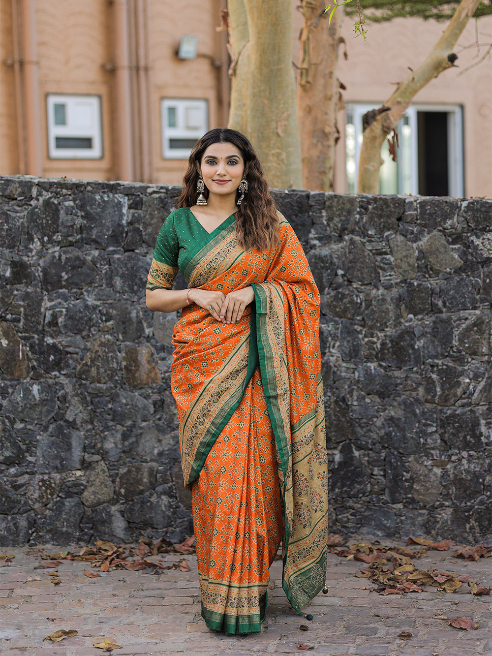 Orange Color Foil Printed And Stone Work Dola Silk Saree