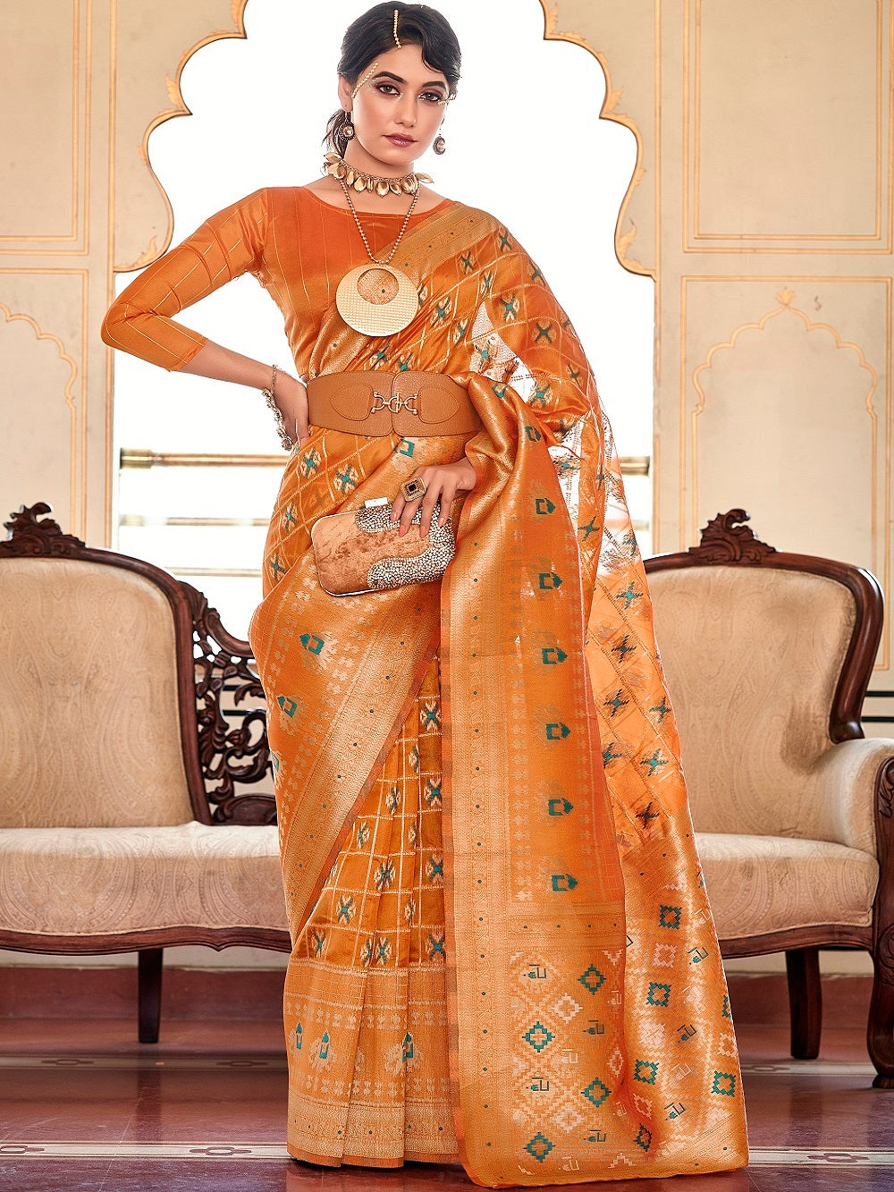 Orange Color Weaving Work Organza Saree