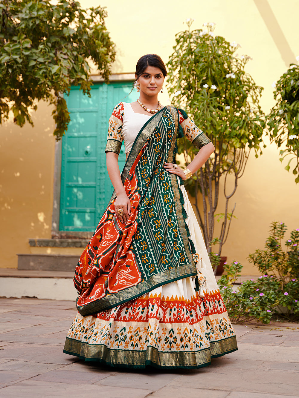 Orange Color Patola Print With Foil Print Tussar Silk Lehenga Choli