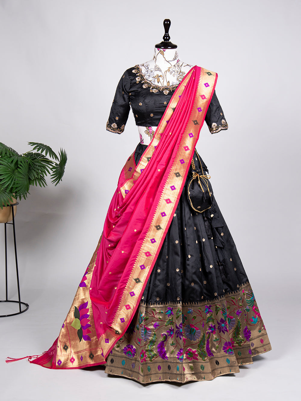 Black Color Weaving Zari Work jacquard Paithani Silk Lehenga Choli